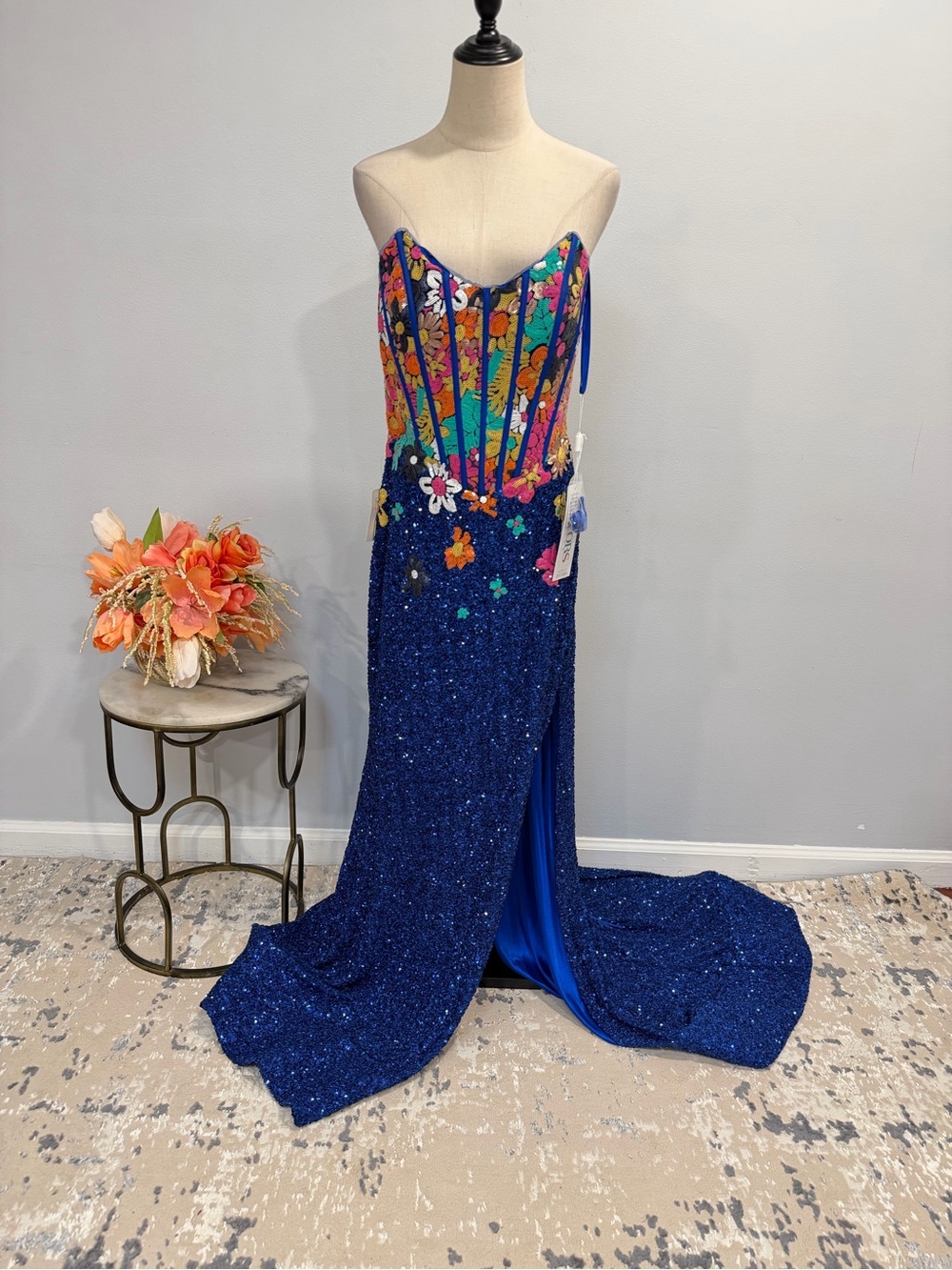 Colors Dress Strapless Blue Multi Sequin Floral Bustier Lace Up Back Formal Gown